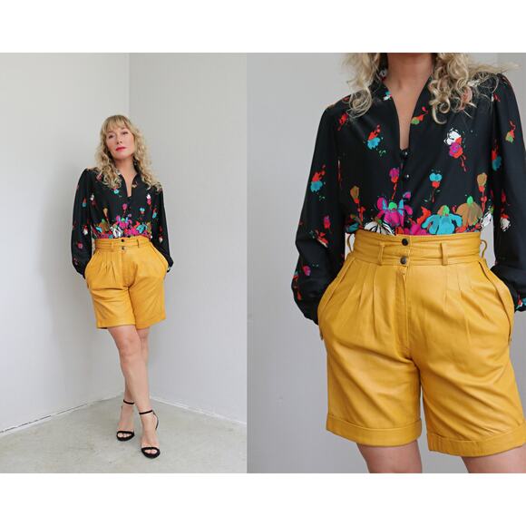 1990's Vintage Mustard & Pleat Leather High Rise Shorts Women's SM MD 28